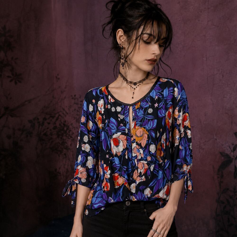 Free People Keepin’ On Black Floral Twist Front Tie Sleeve Blouse XS Boho